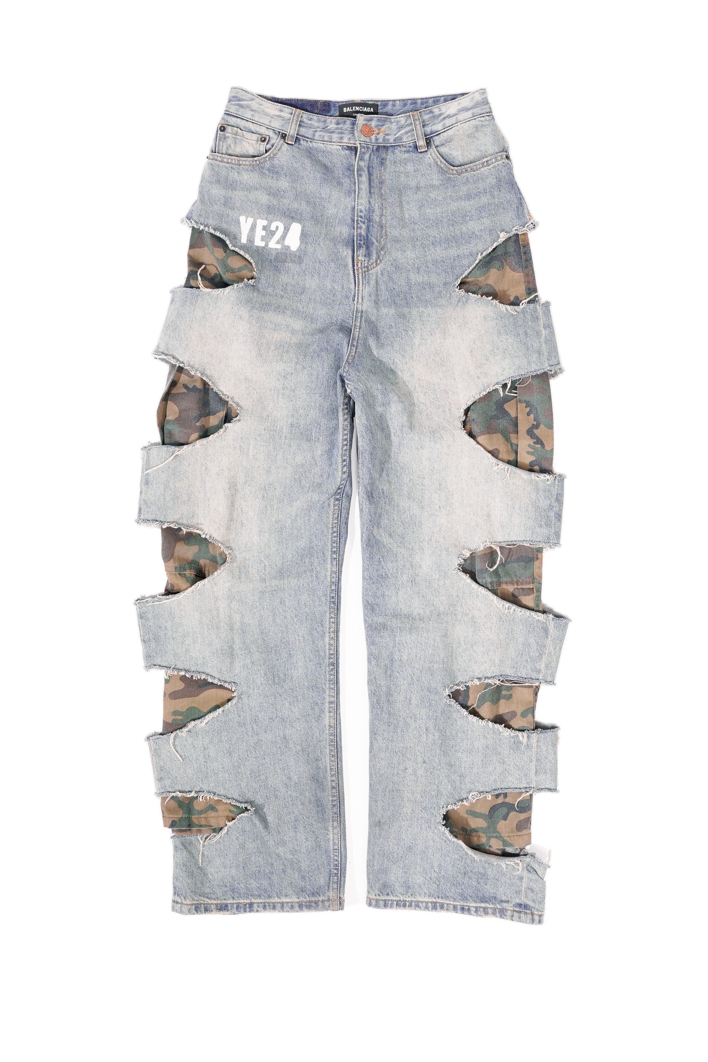 Balenciaga 2021 Ye24Camo Slashed Baggy Denim Jeans