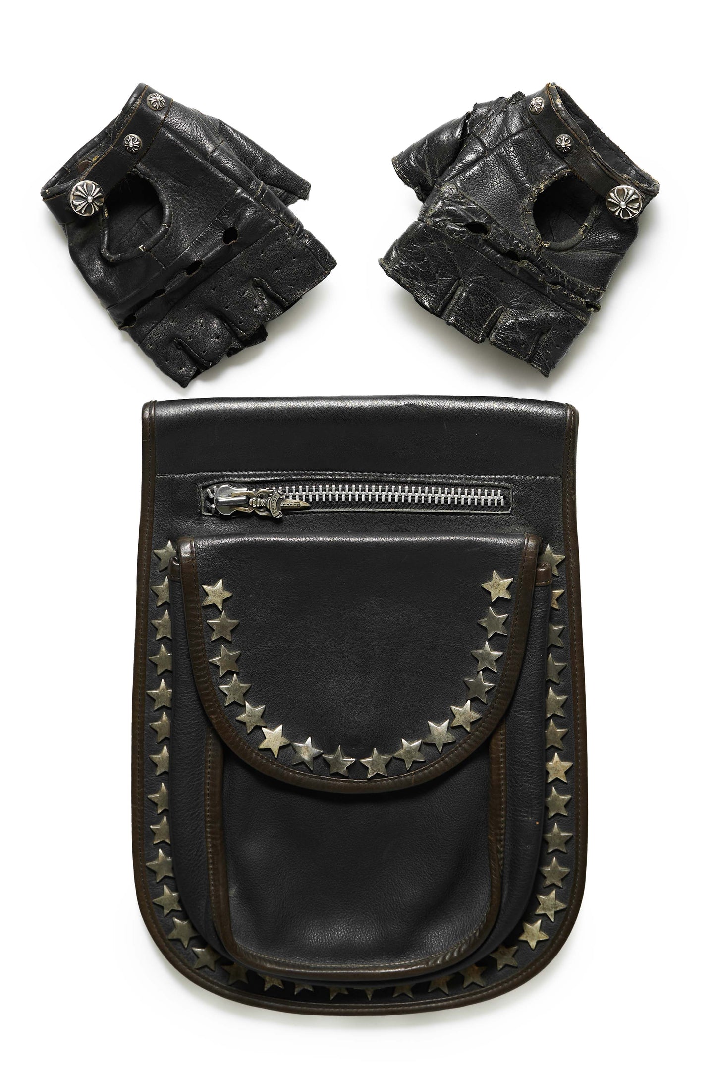 Chrome Hearts Vintage Motorcycle Saddlebag and Riding Gloves