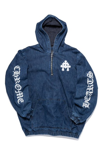 Chrome Hearts Triple White Cross Patch Half Quarter Zip Denim Hoodie