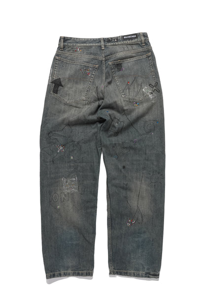 Balenciaga Rhinestone Scribble Baggy Denim Jeans