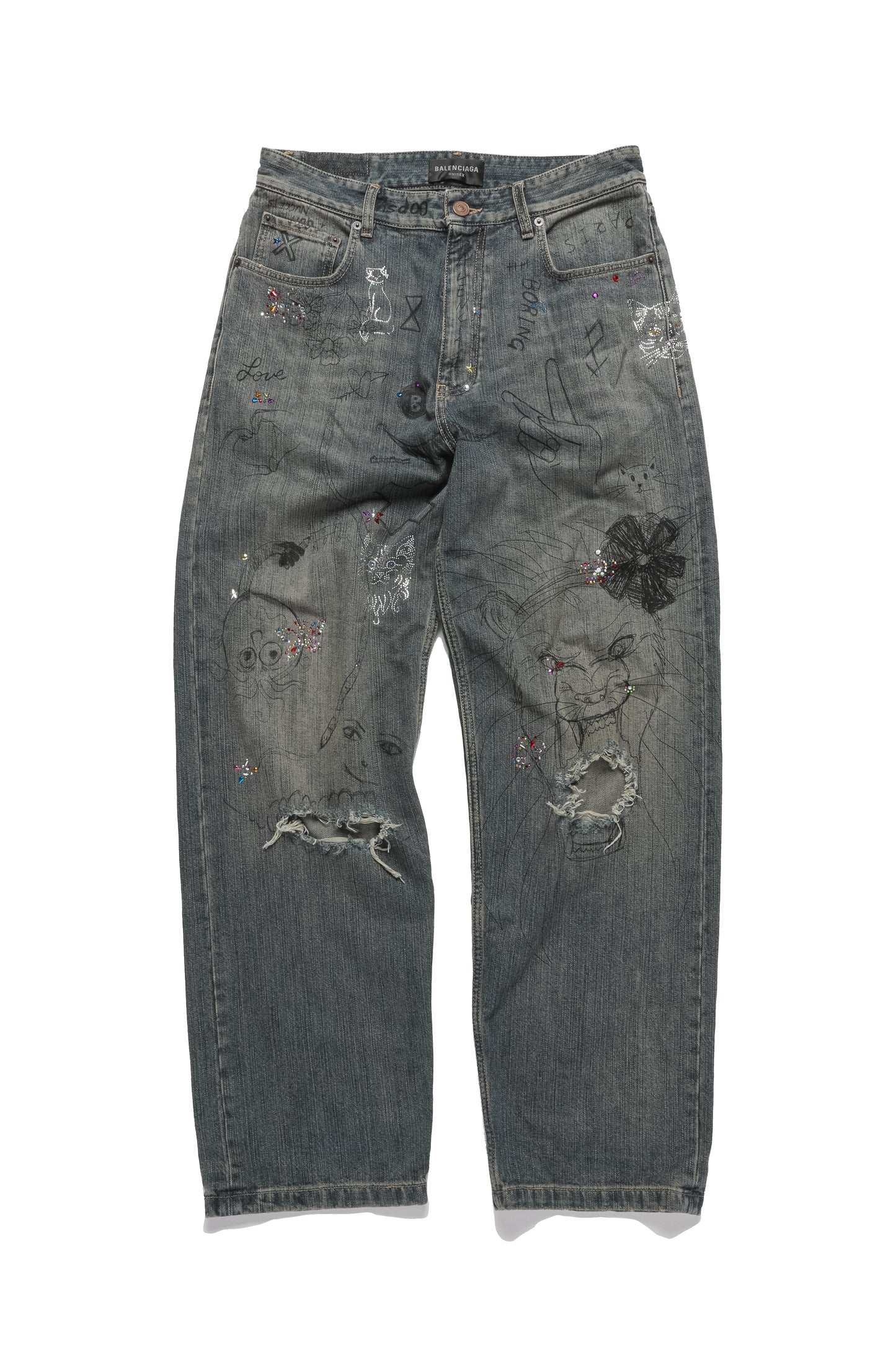 Balenciaga Rhinestone Scribble Baggy Denim Jeans