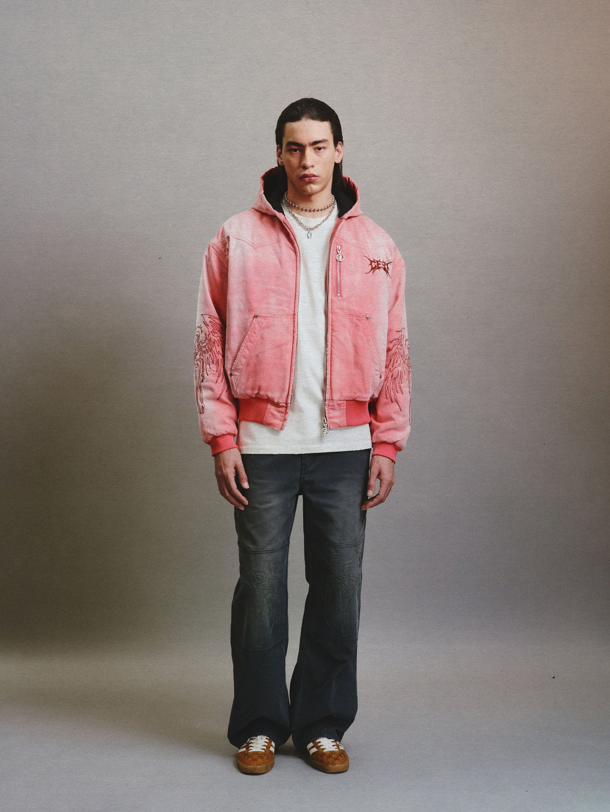 CEEC Skull Angel Quilted Cotton Hooded Zipped Jacket in Dirty Pink - Xia Office