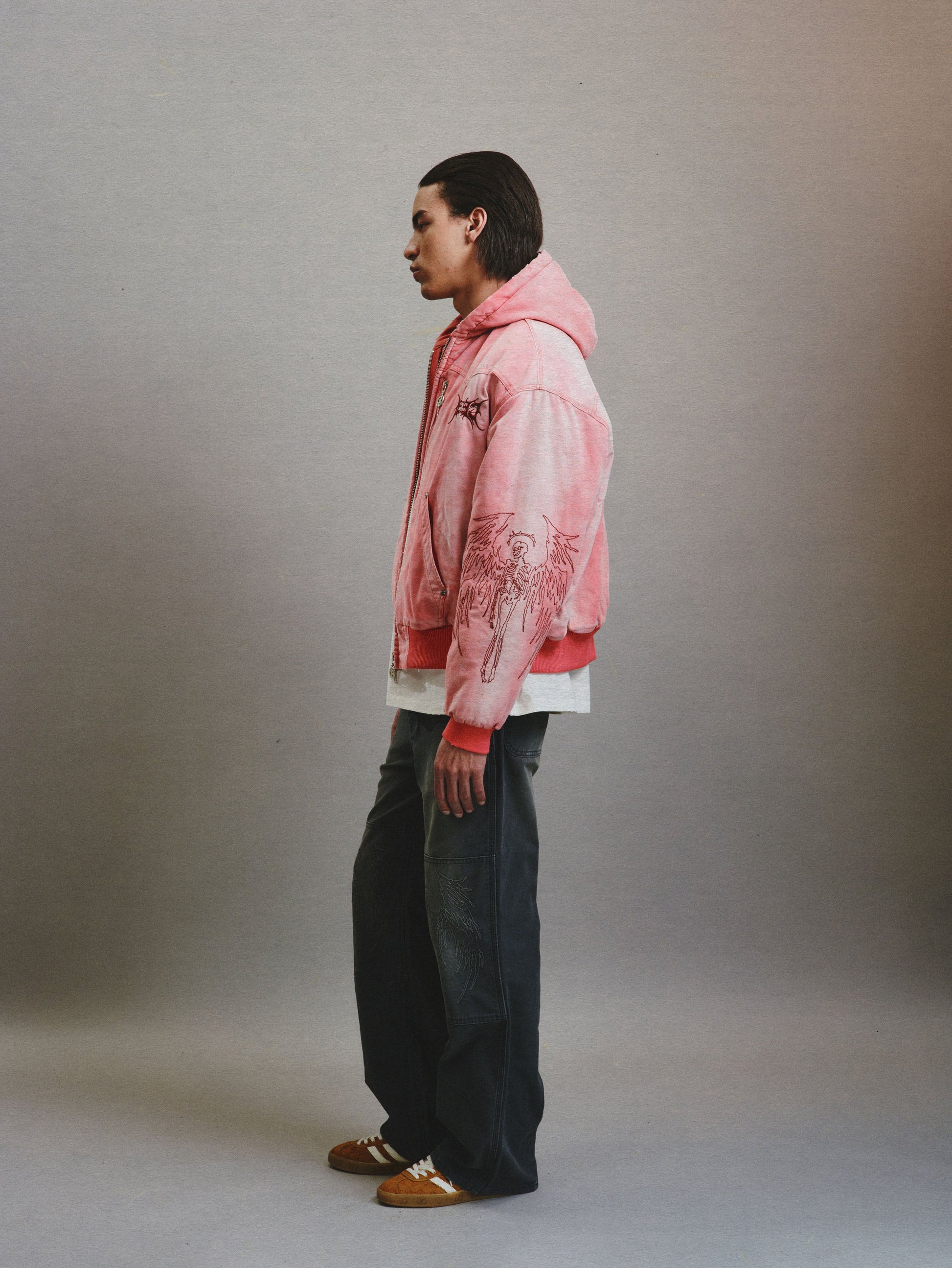 CEEC Skull Angel Quilted Cotton Hooded Zipped Jacket in Dirty Pink - Xia Office