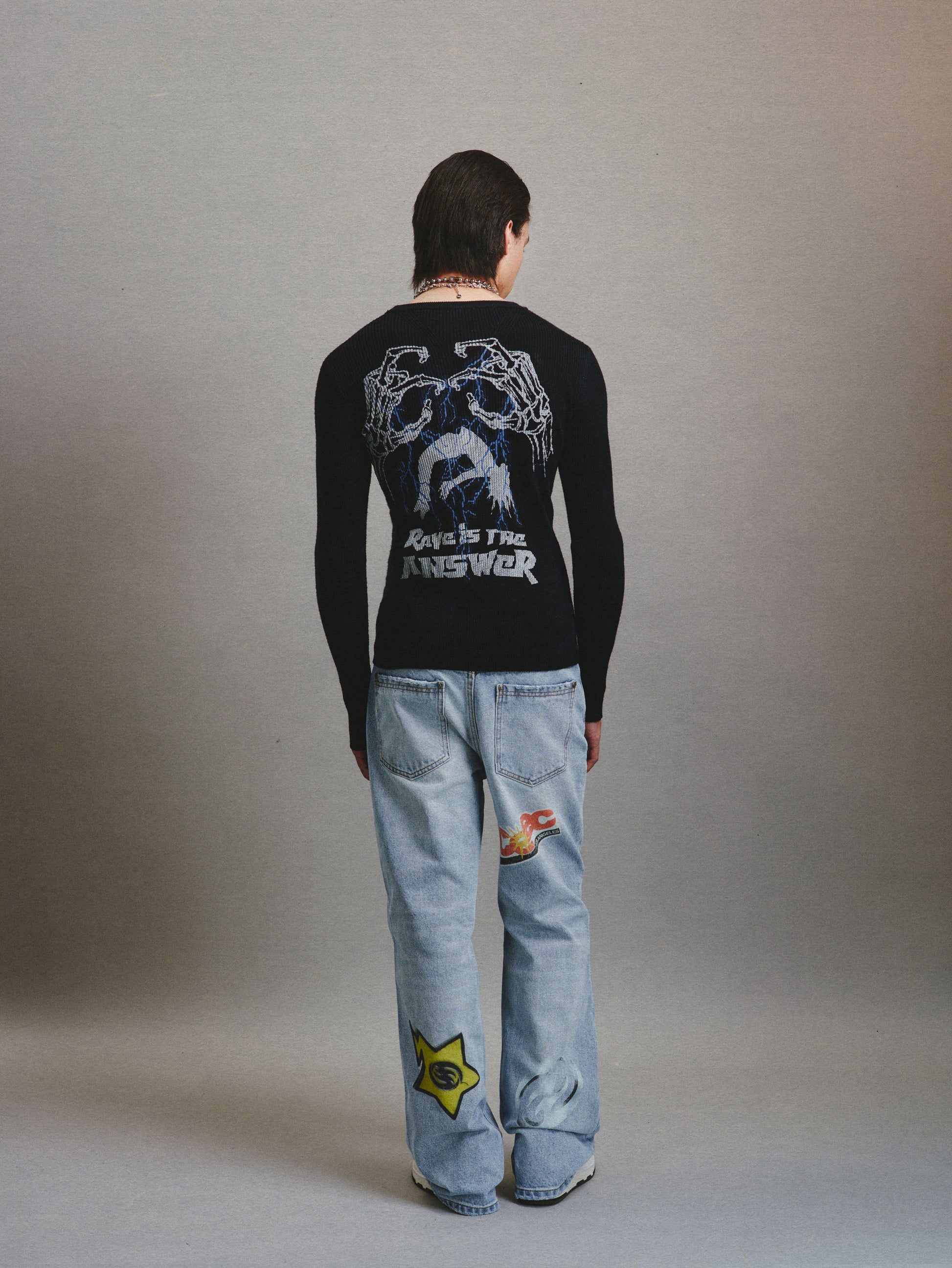 CEEC Retro Distressed Pattern Printed Wool Sweater in Black - Xia Office
