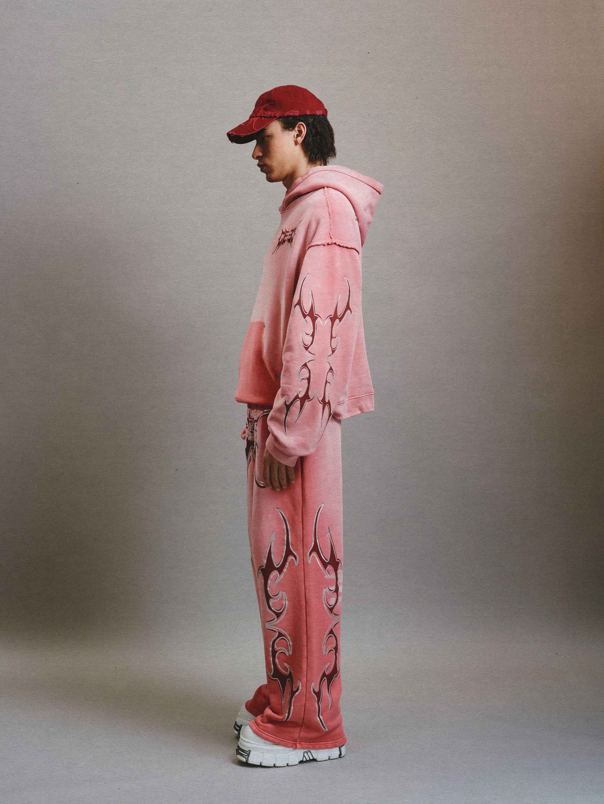 Glitter Layered Logo Print Distressed Hoodie in Dirty Pink - Xia Office