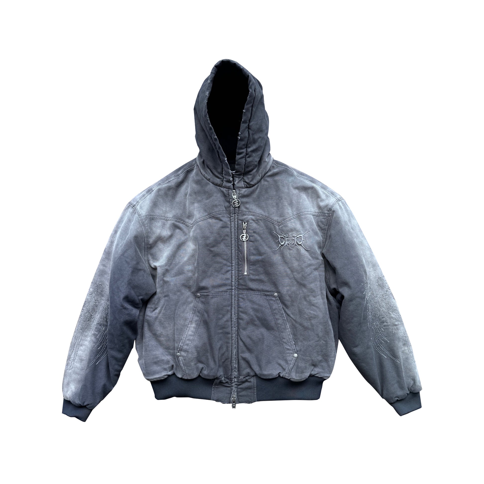 CEEC Skull Angel Quilted Cotton Hooded Zipped Jacket in Dark Grey - Xia Office